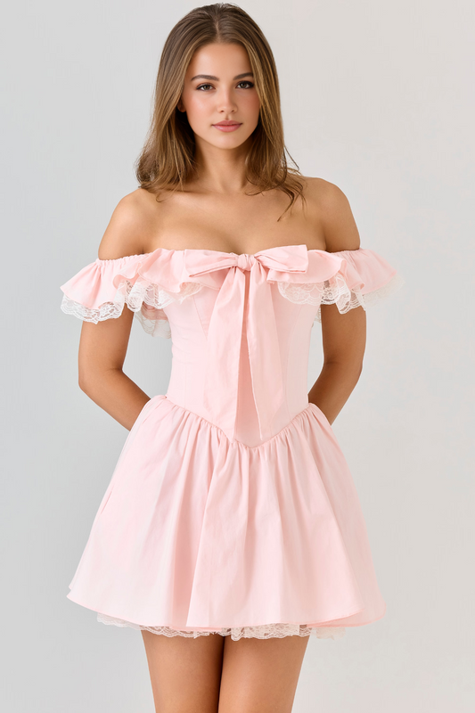 Pink Off Shoulder Lace Mini Dress