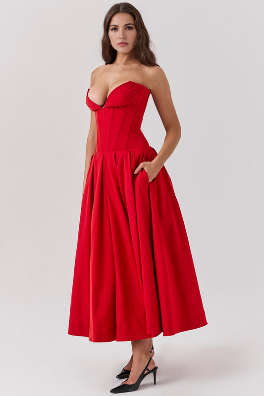 Red Strapless Corset Midi Dress