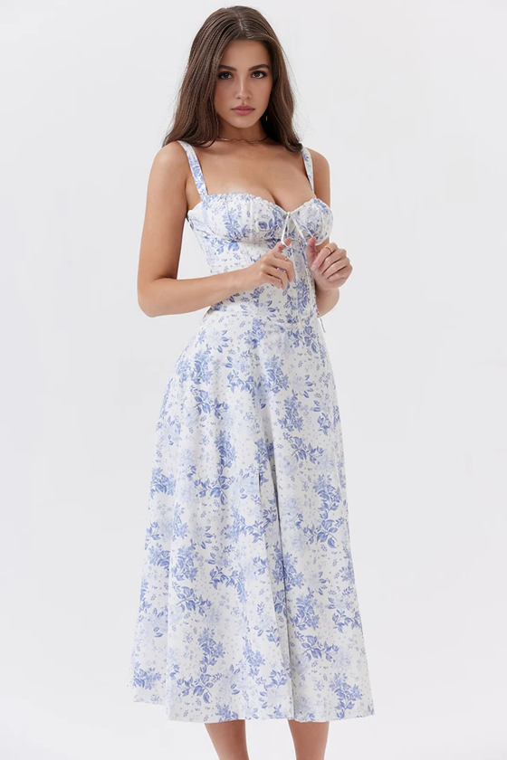 Blue Floral A-Line Midi Dress