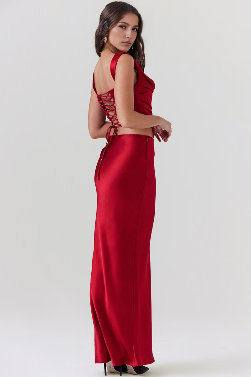 Wine Satin Bodycon Two Piece Set