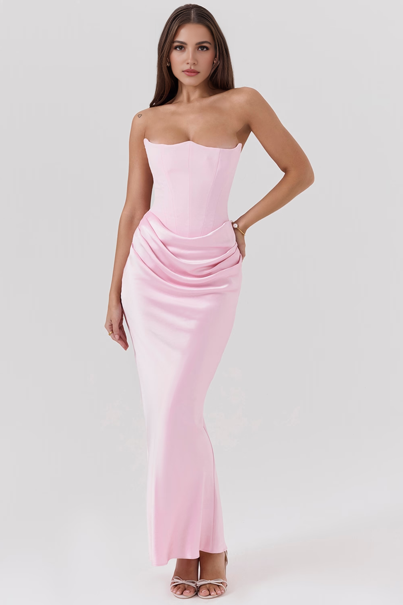 Pink Satin Strapless Corset Maxi Dress