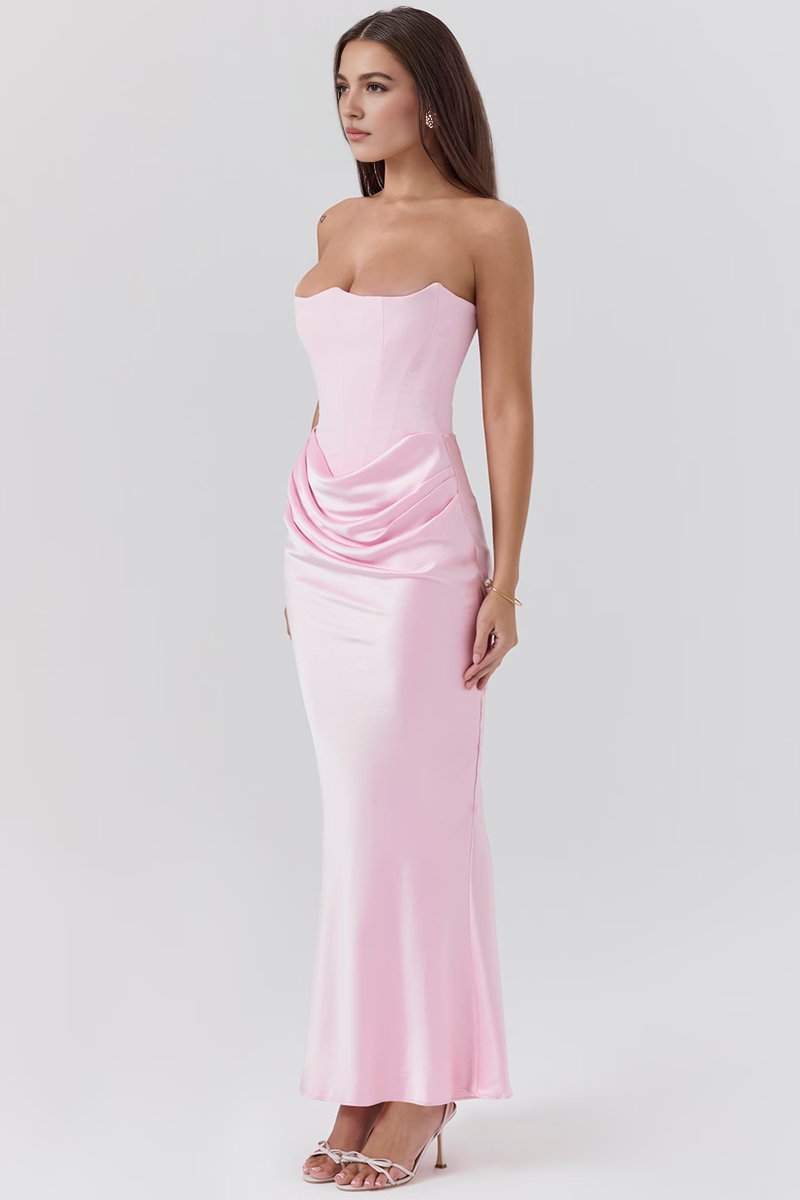 Pink Satin Strapless Corset Maxi Dress