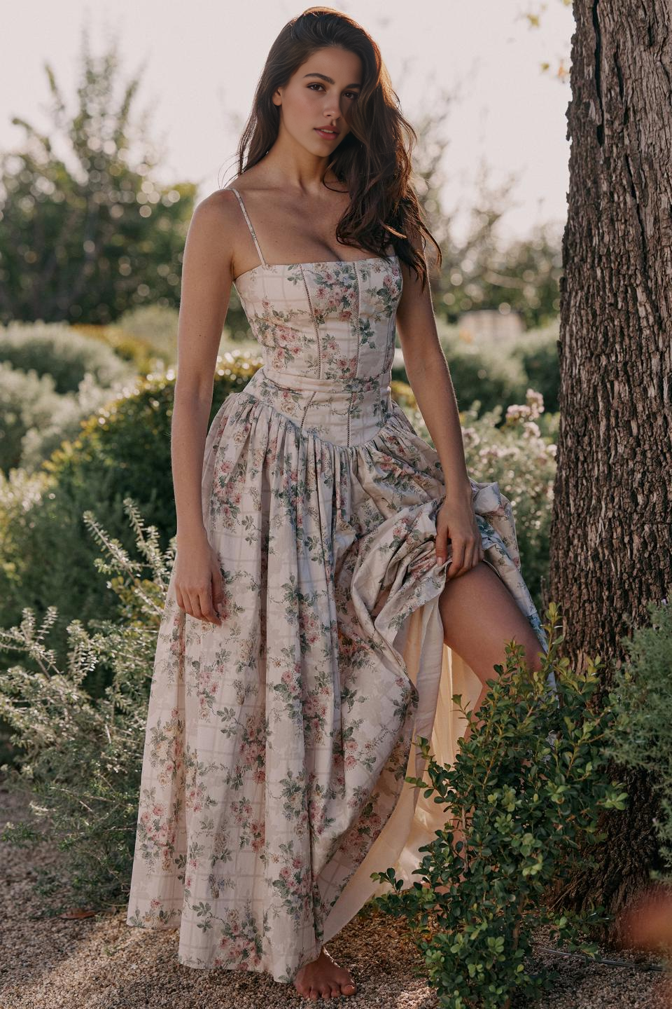 Beige Floral Midi Dress
