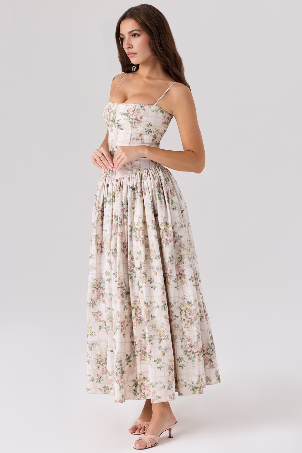 Beige Floral Midi Dress
