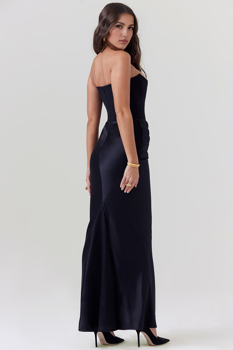 Black Satin Strapless Corset Maxi Dress