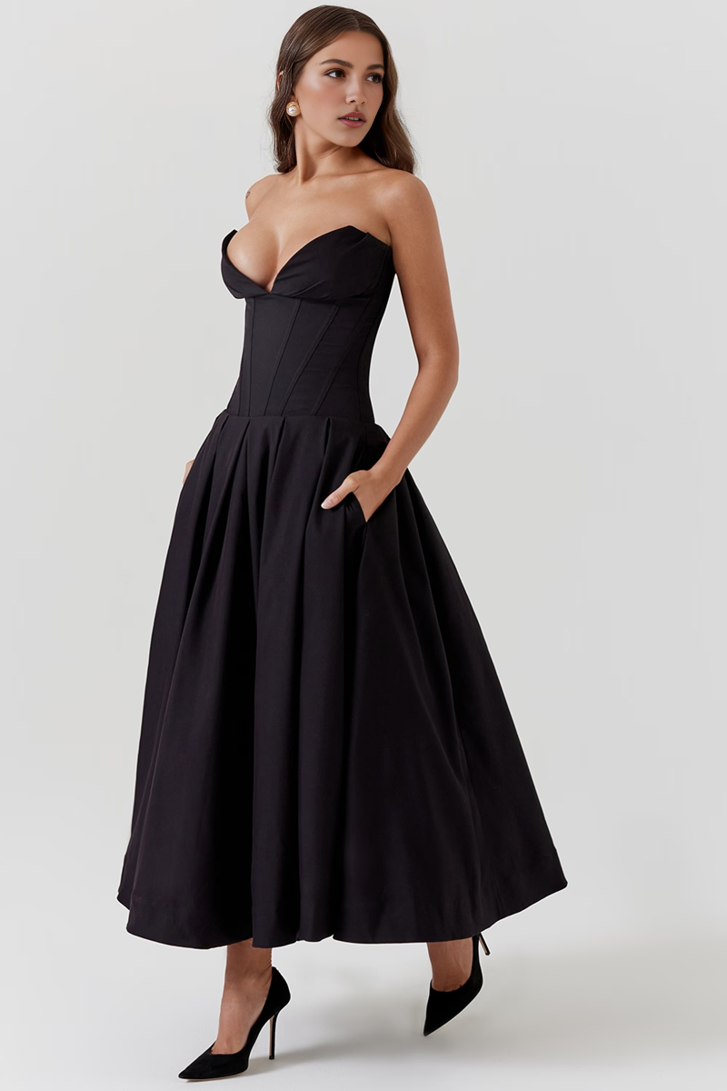 Black Strapless Corset Midi Dress