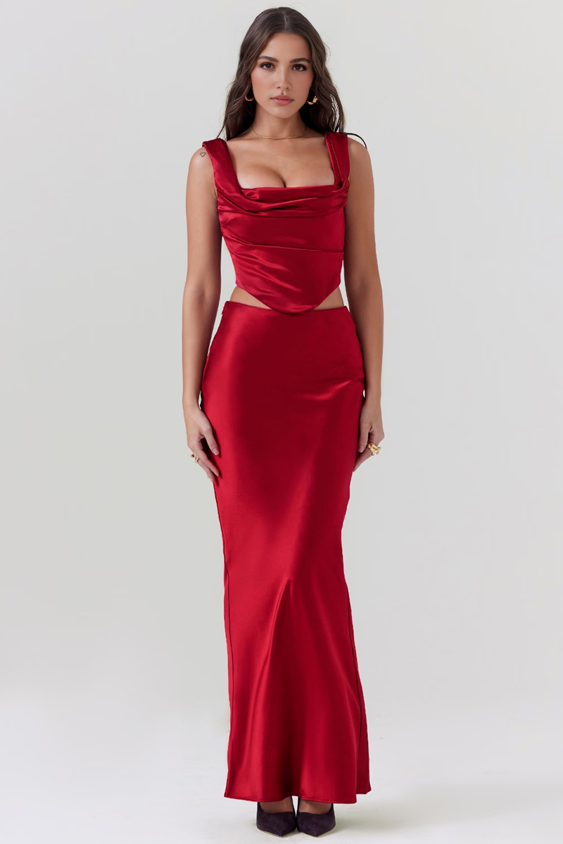 Wine Satin Bodycon Two Piece Set