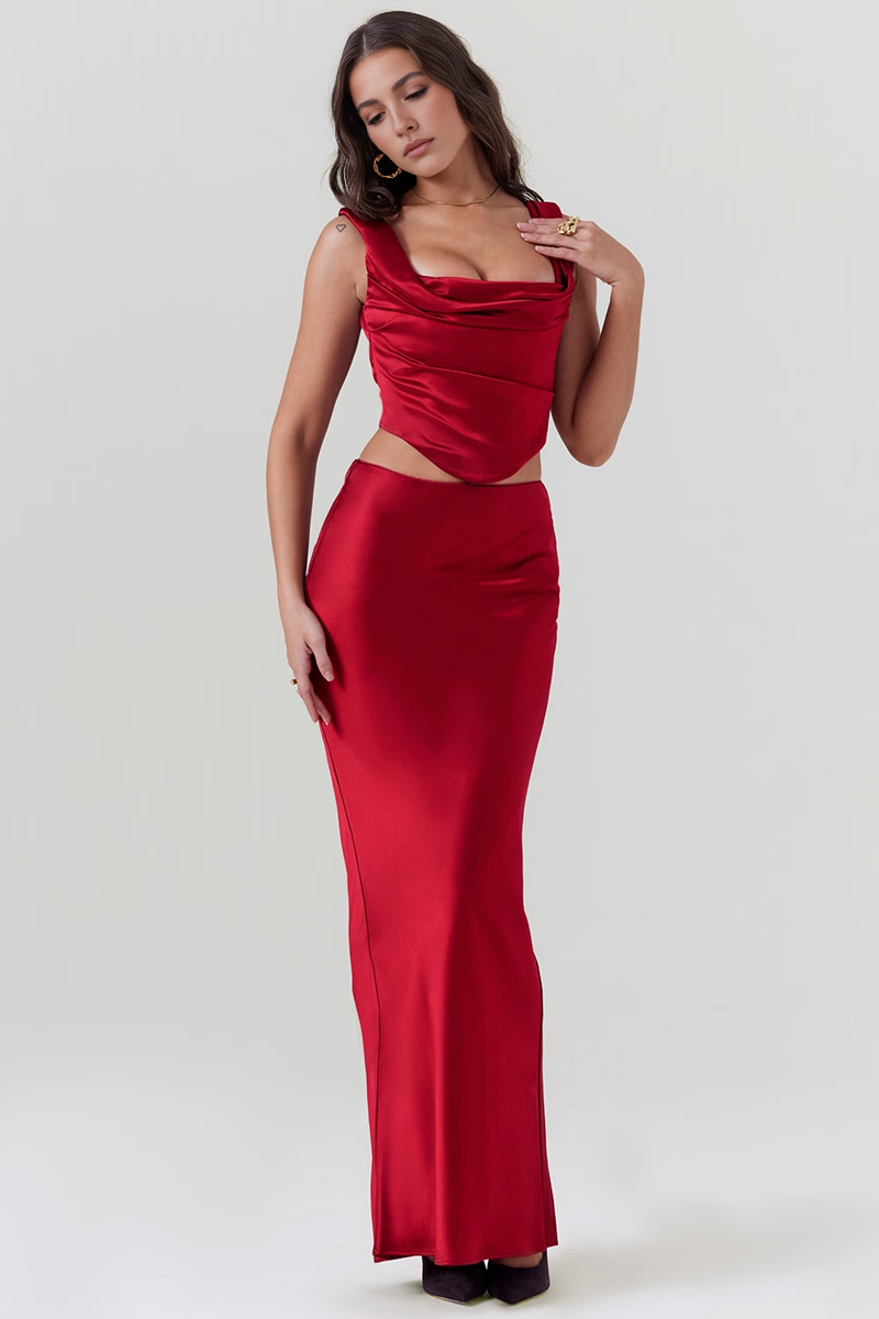 Wine Satin Bodycon Two Piece Set