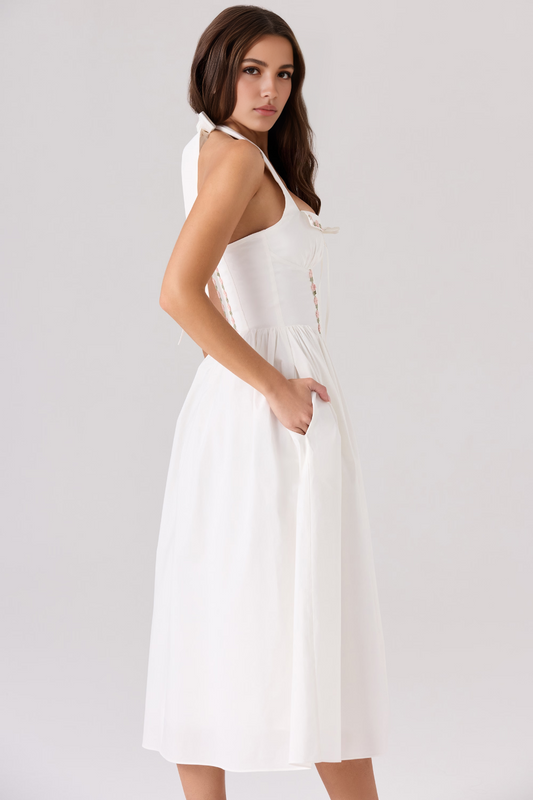 White Floral Embroidery Backless Midi Dress