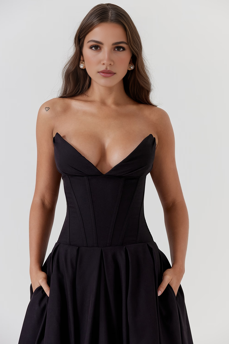Black Strapless Corset Midi Dress