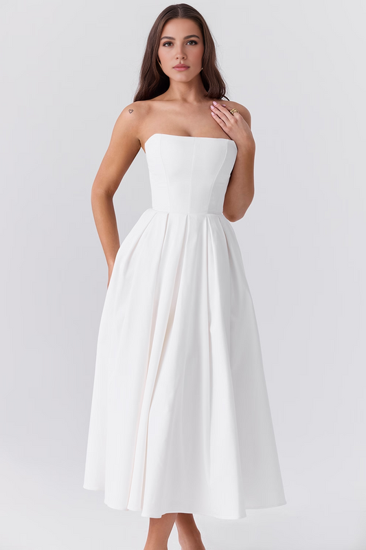 White Strapless Bodycon Midi Dress