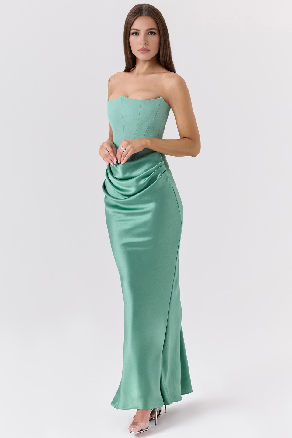 Green Satin Strapless Corset Maxi Dress