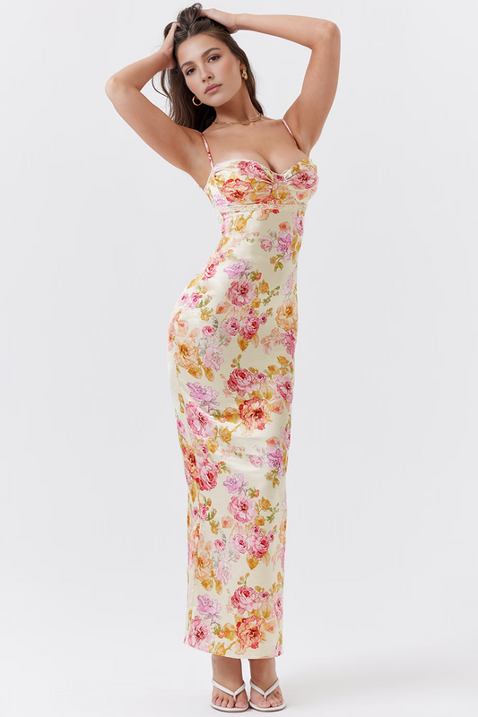 Ivory Floral Bodycon Maxi Dress