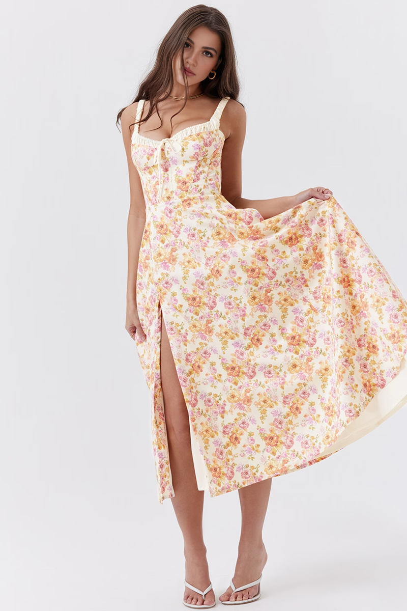 Floral A-Line Slit Midi Dress