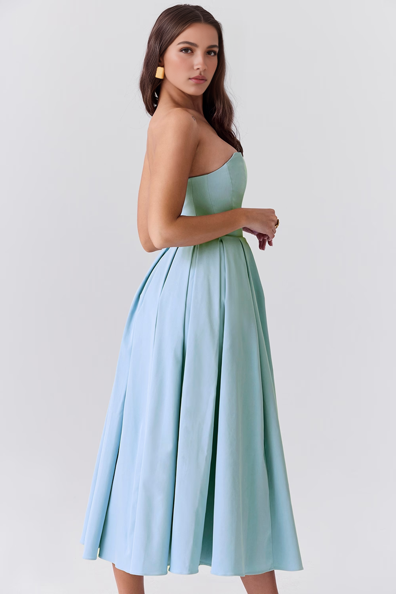 Blue Strapless Bodycon Midi Dress