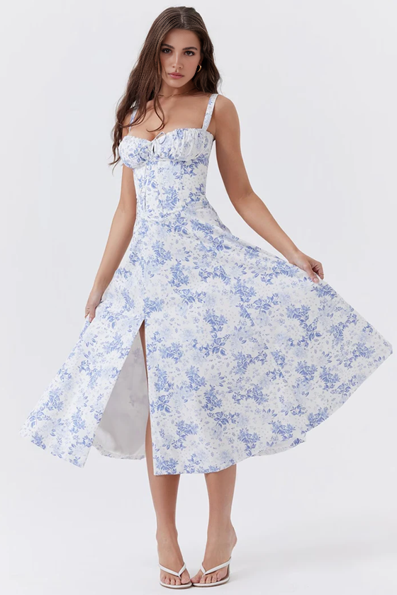 Blue Floral A-Line Midi Dress
