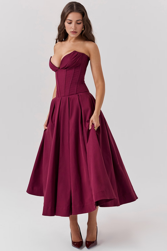 Wine Strapless Midi Dress
