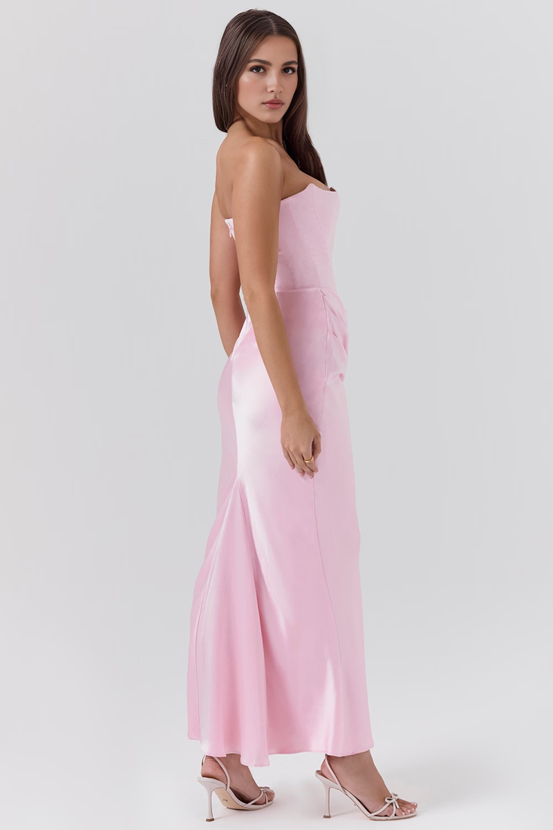 Pink Satin Strapless Corset Maxi Dress