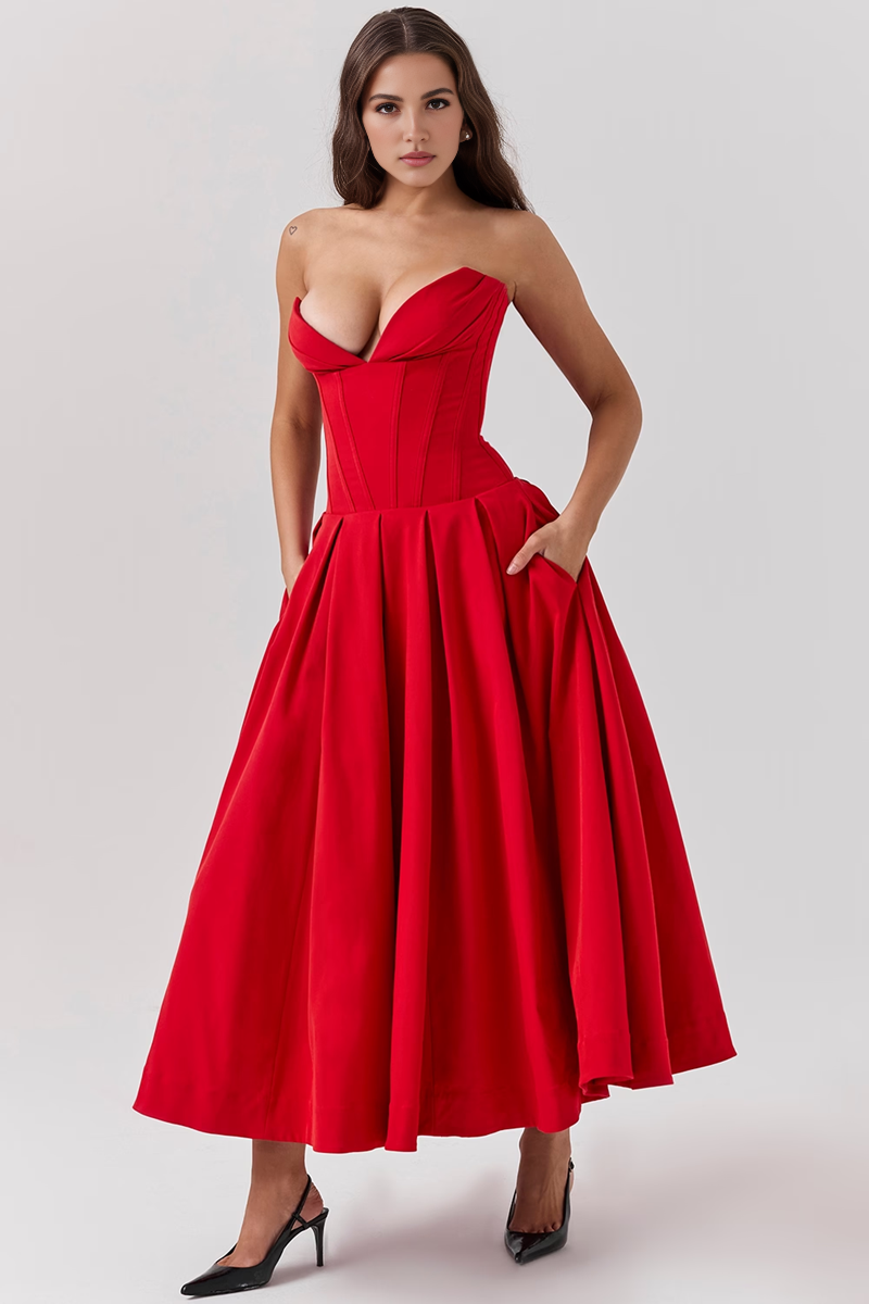 Red Strapless Corset Midi Dress
