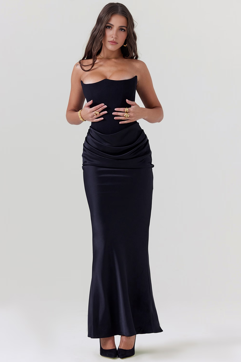 Black Satin Strapless Corset Maxi Dress