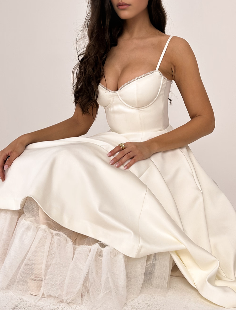 Beige Tulle Midi Dress