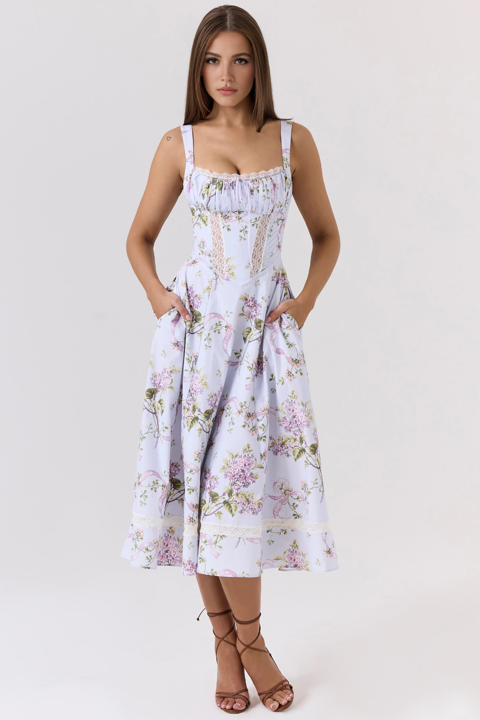 Purple Lace Patchwork Pockets Midi Dress
