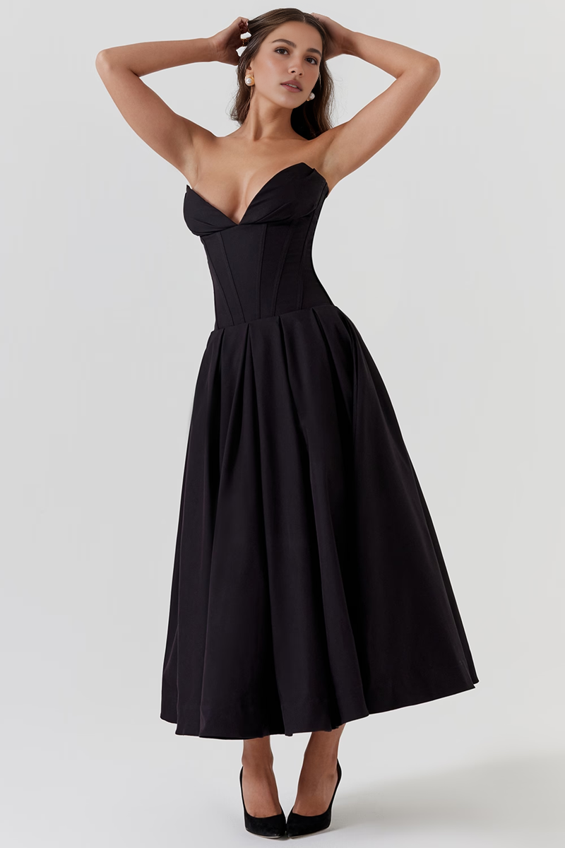 Black Strapless Corset Midi Dress