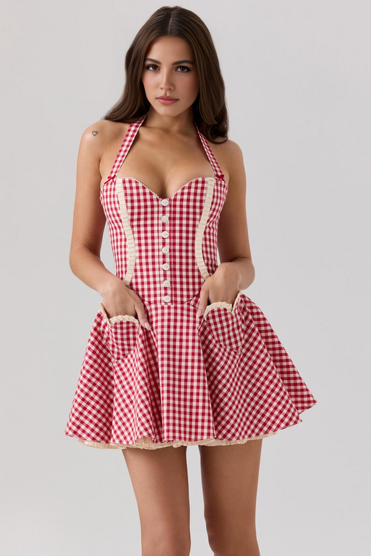 Red Plaid Backless Mini Dress