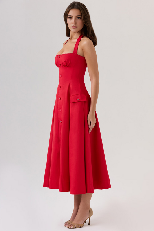 Red Floral Backless Midi Dress