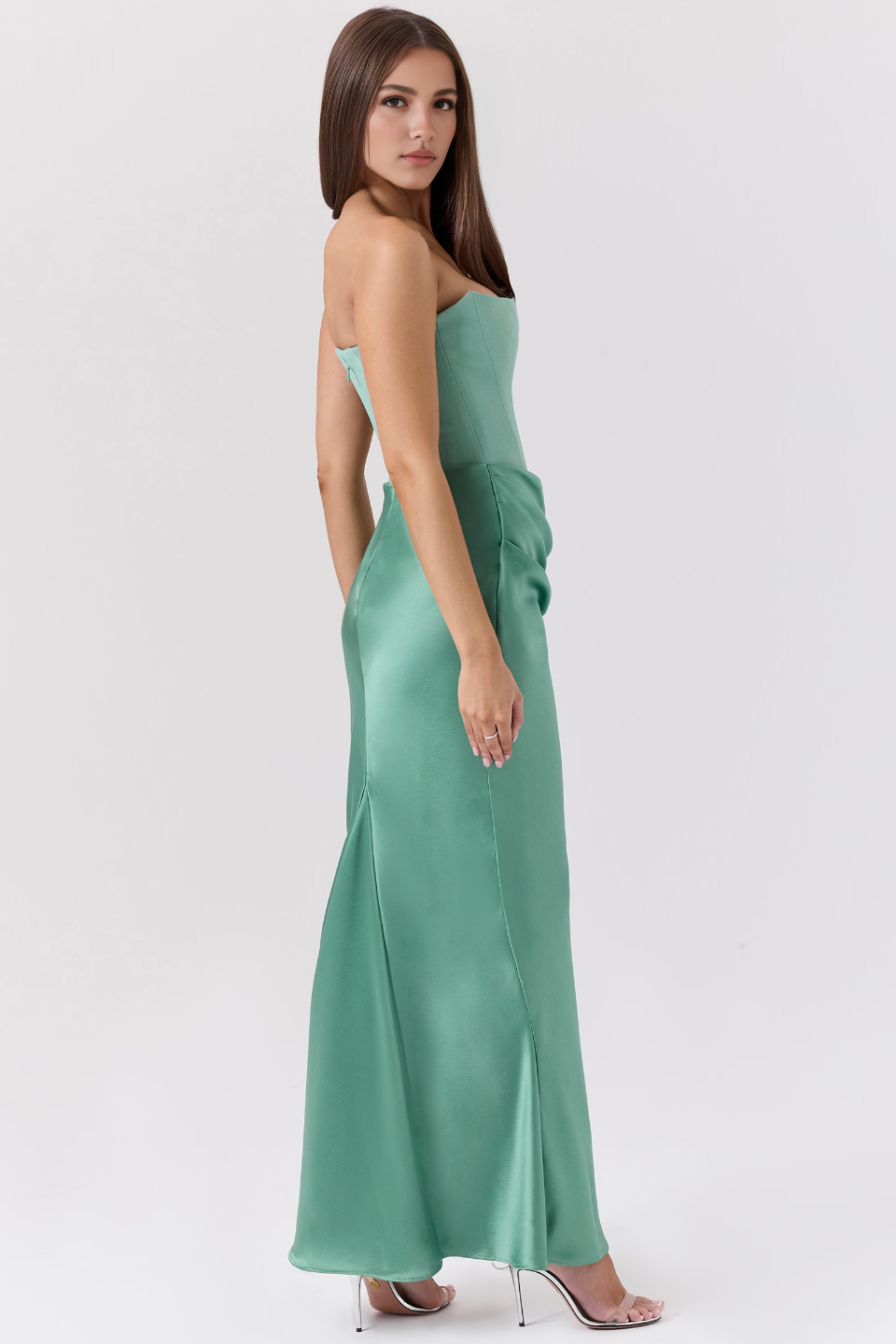 Green Satin Strapless Corset Maxi Dress