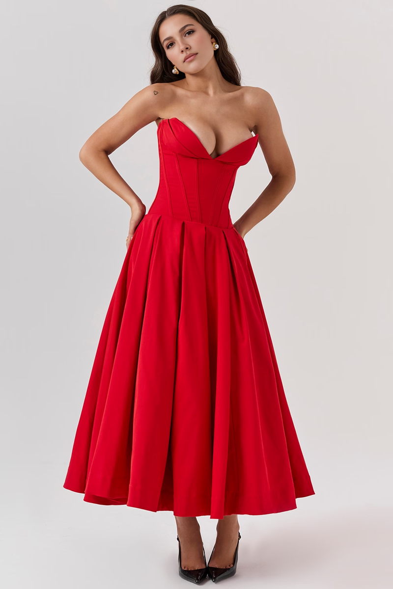 Red Strapless Corset Midi Dress