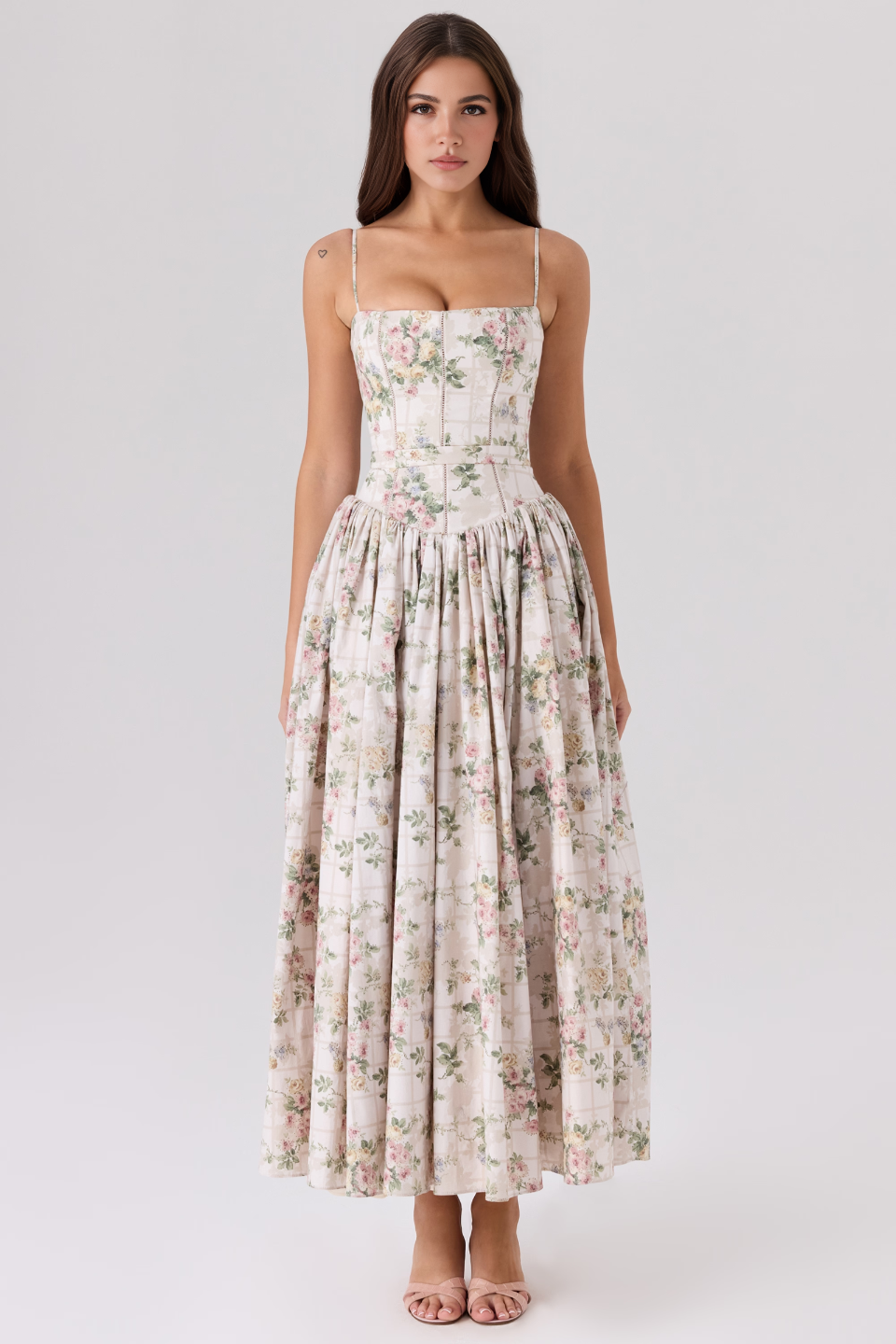Beige Floral Midi Dress