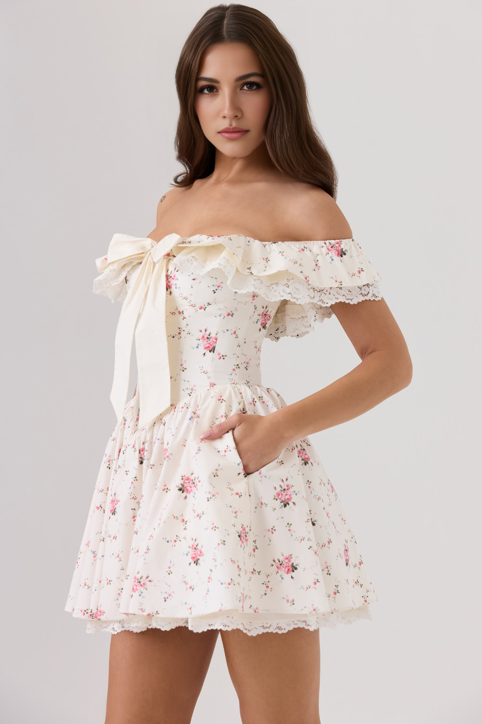 White Floral Off Shoulder A-line Mini Dress