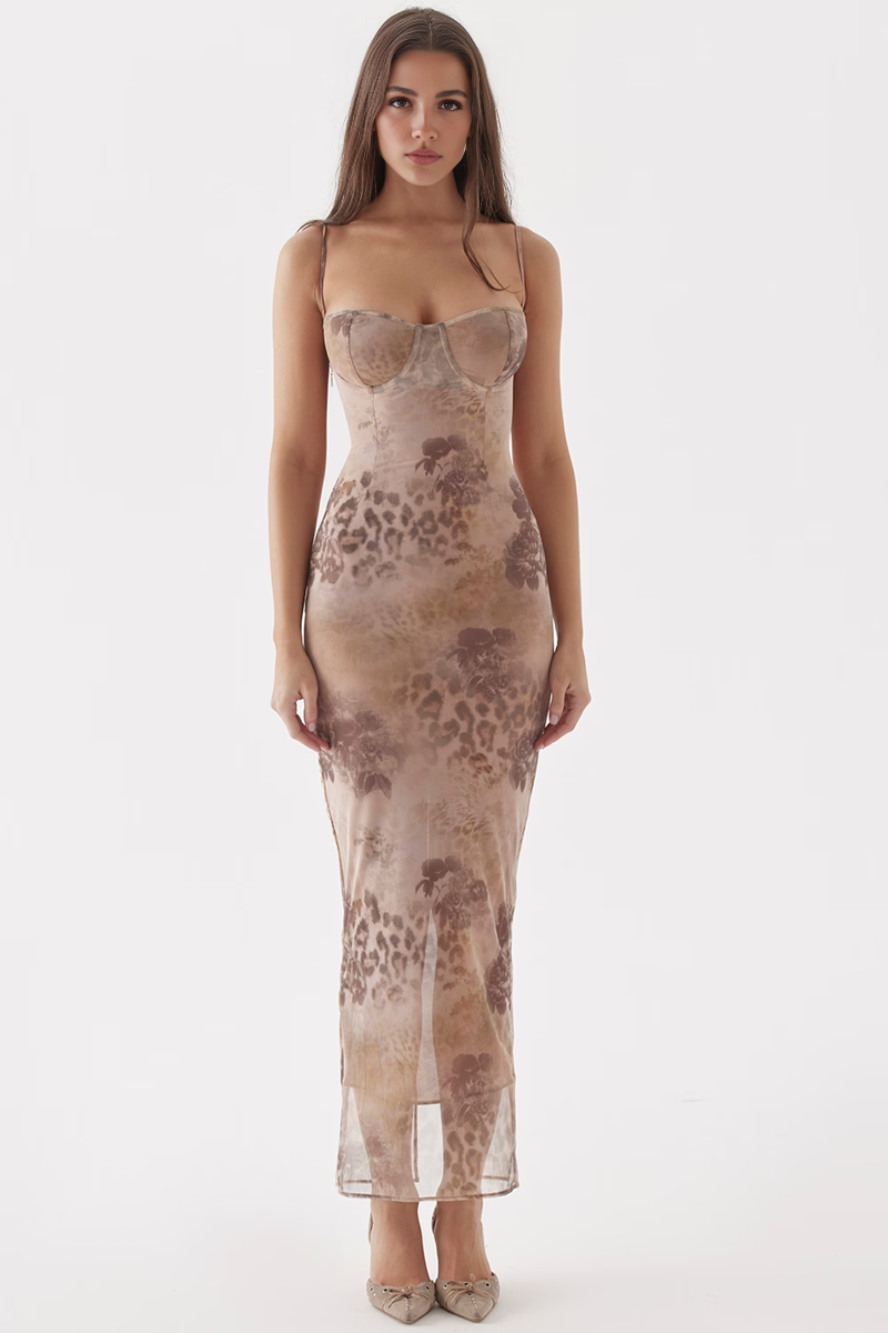 Leopard Bodycon Mesh Midi Dress