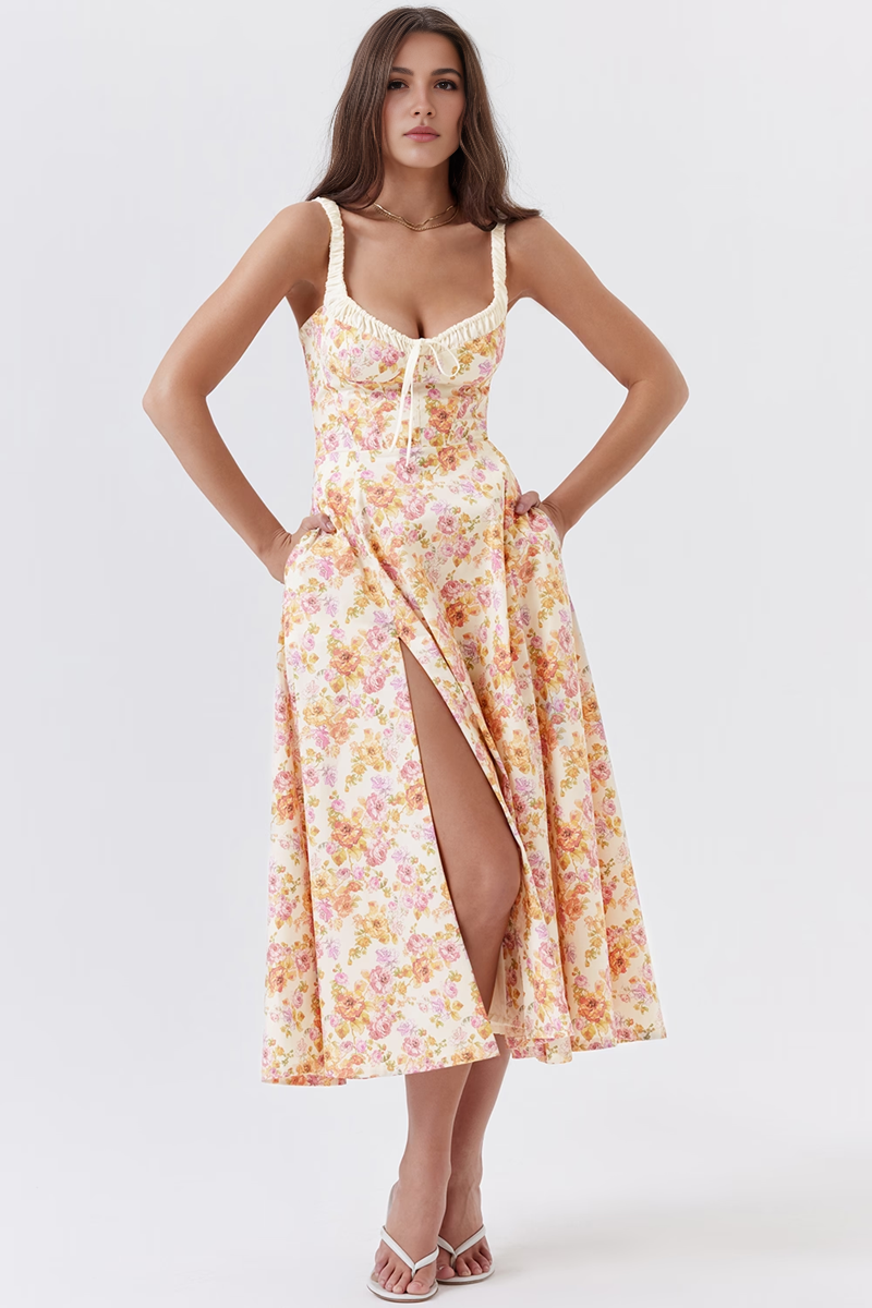 Floral A-Line Slit Midi Dress