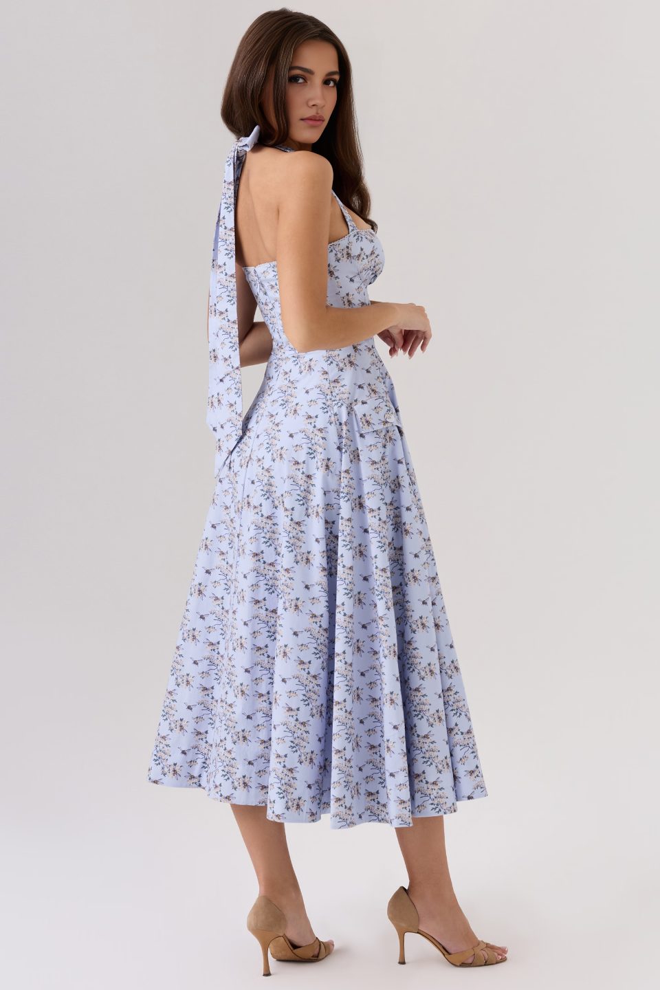 Blue Floral Backless Midi Dress