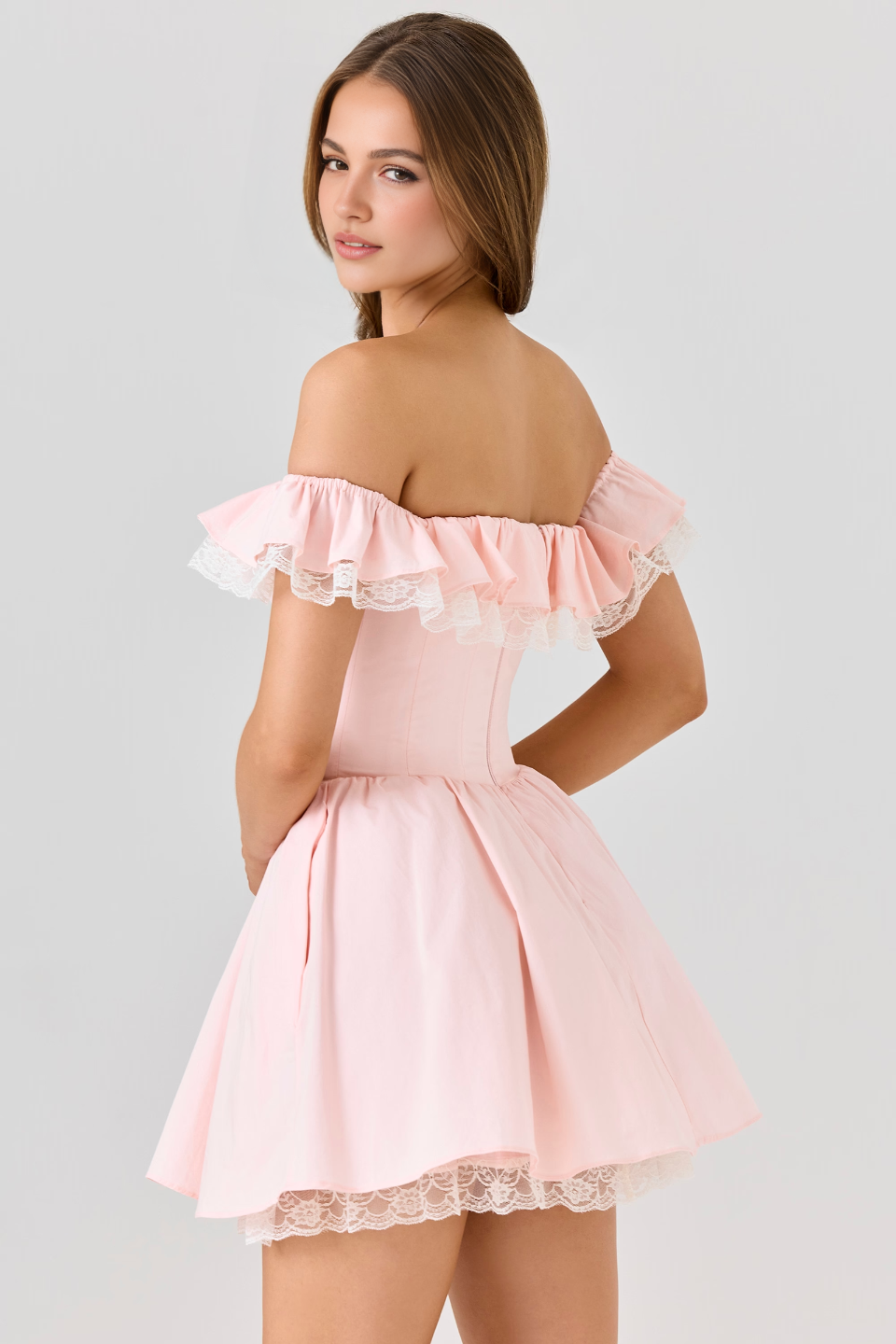 Pink Off Shoulder Lace Mini Dress