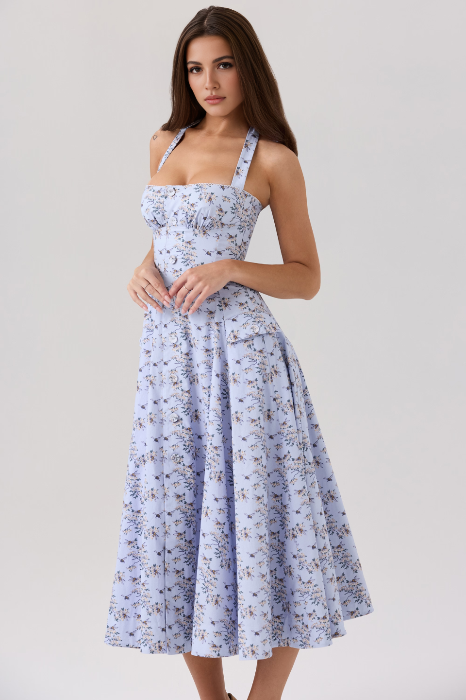Blue Floral Backless Midi Dress