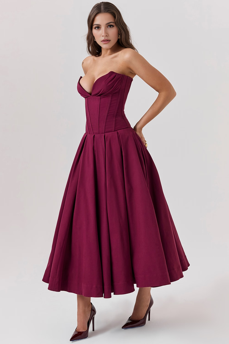 Wine Strapless Midi Dress