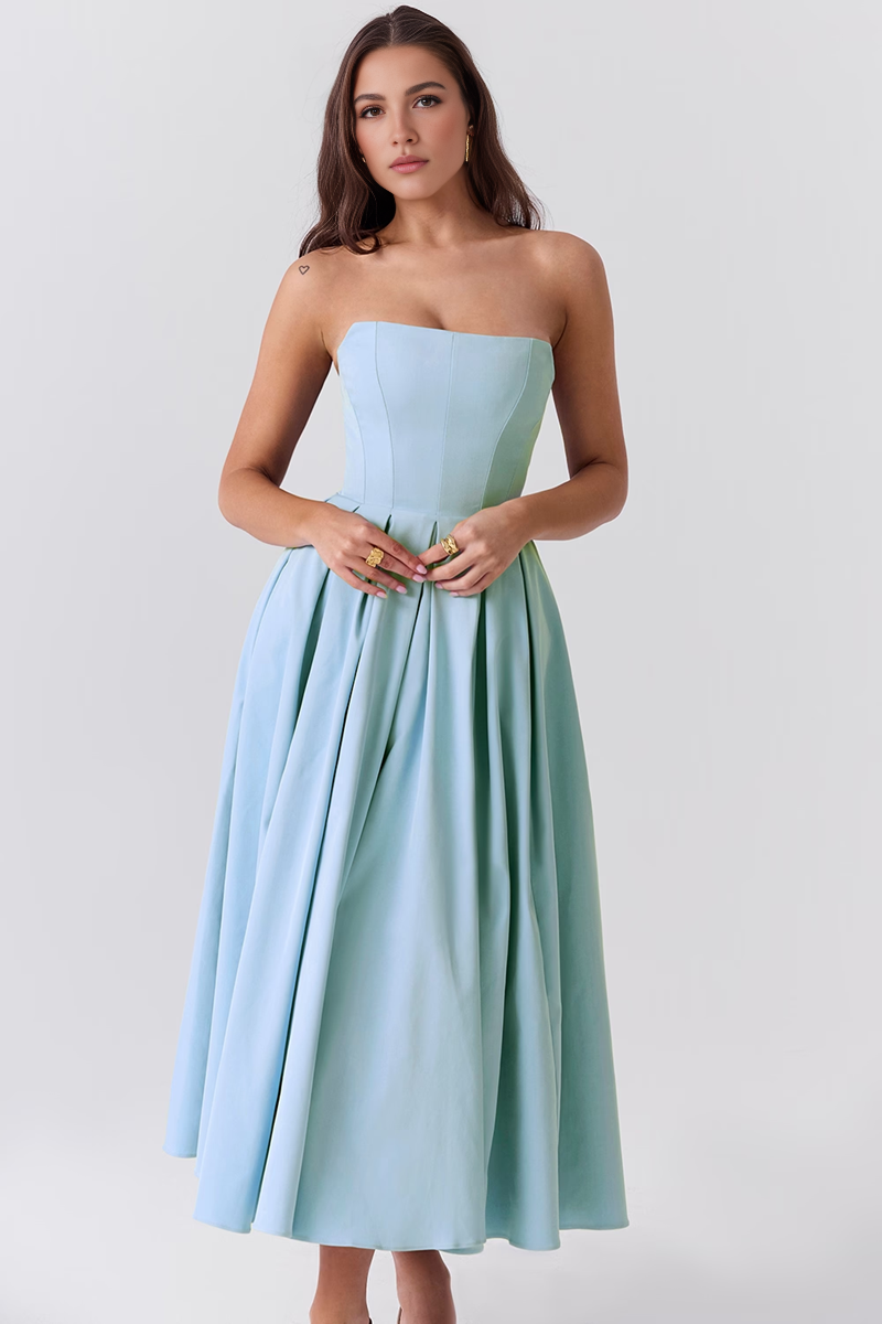 Blue Strapless Bodycon Midi Dress