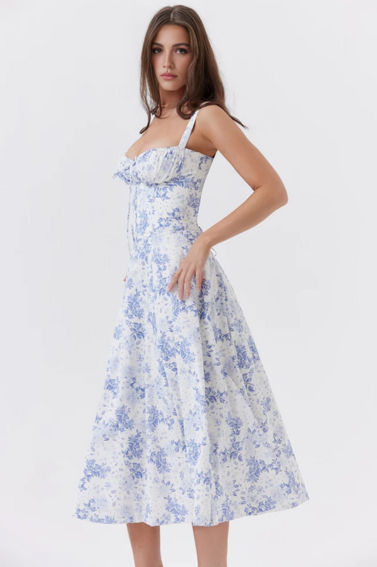 Blue Floral A-Line Midi Dress