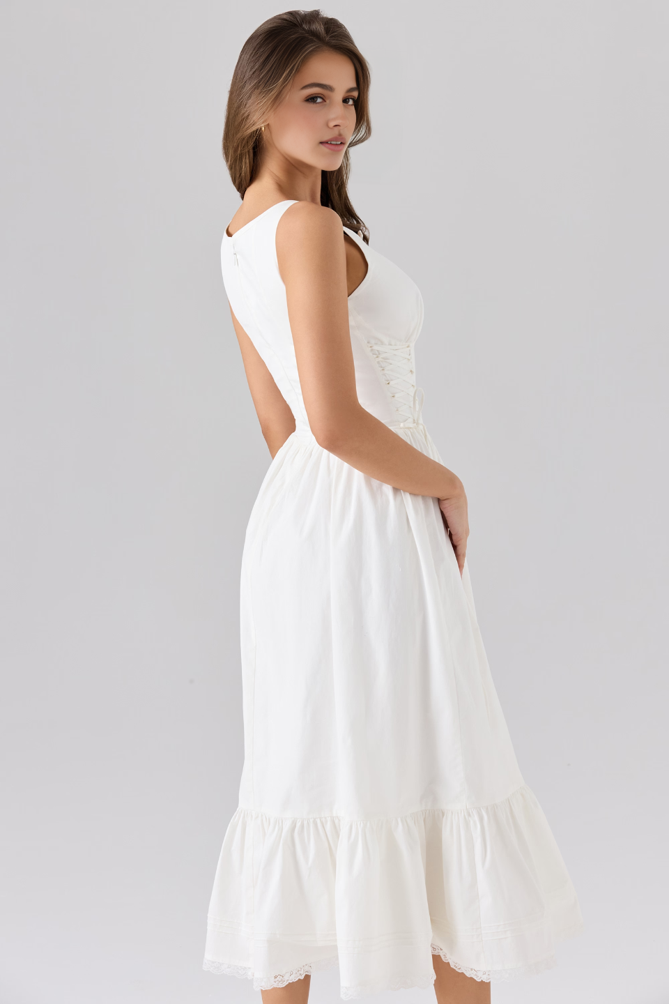 White A-Line High Waist Midi Dress