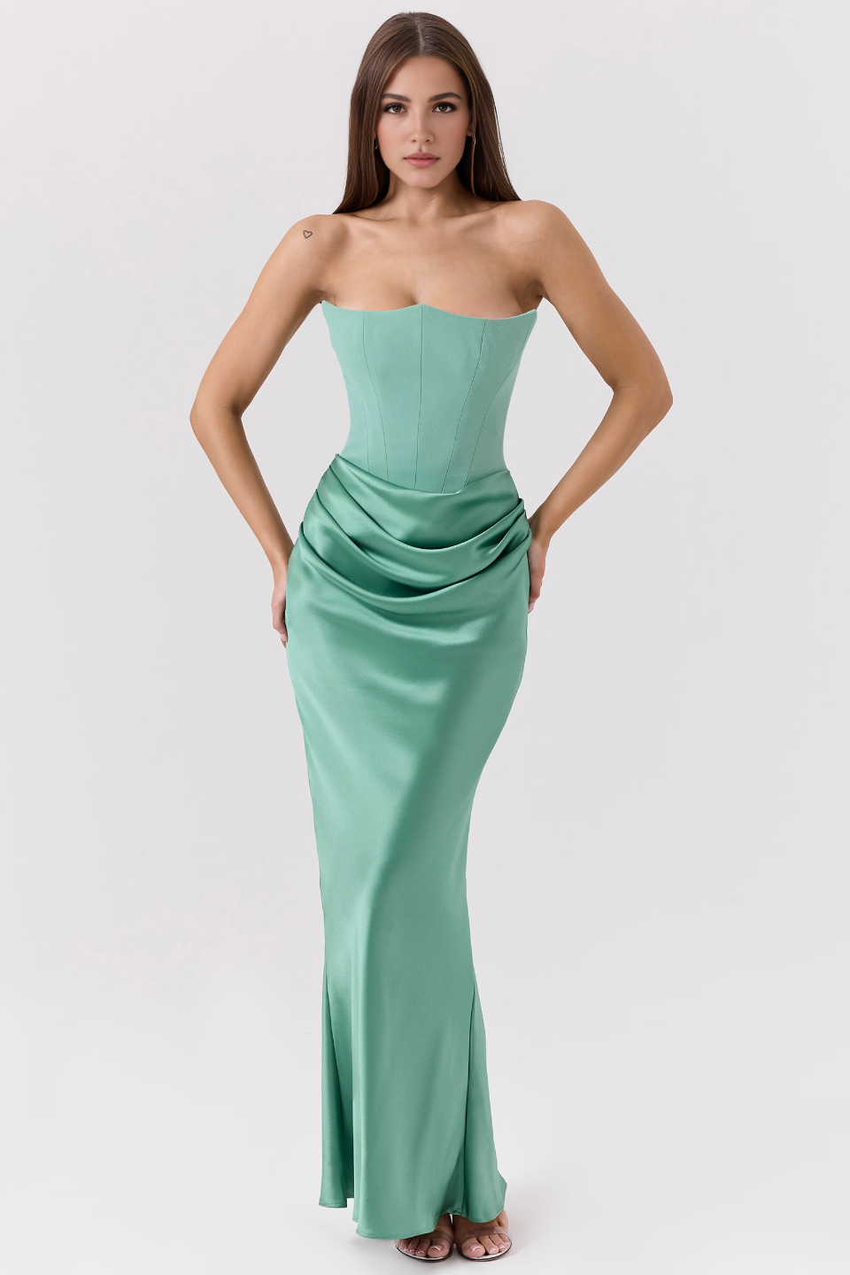 Green Satin Strapless Corset Maxi Dress