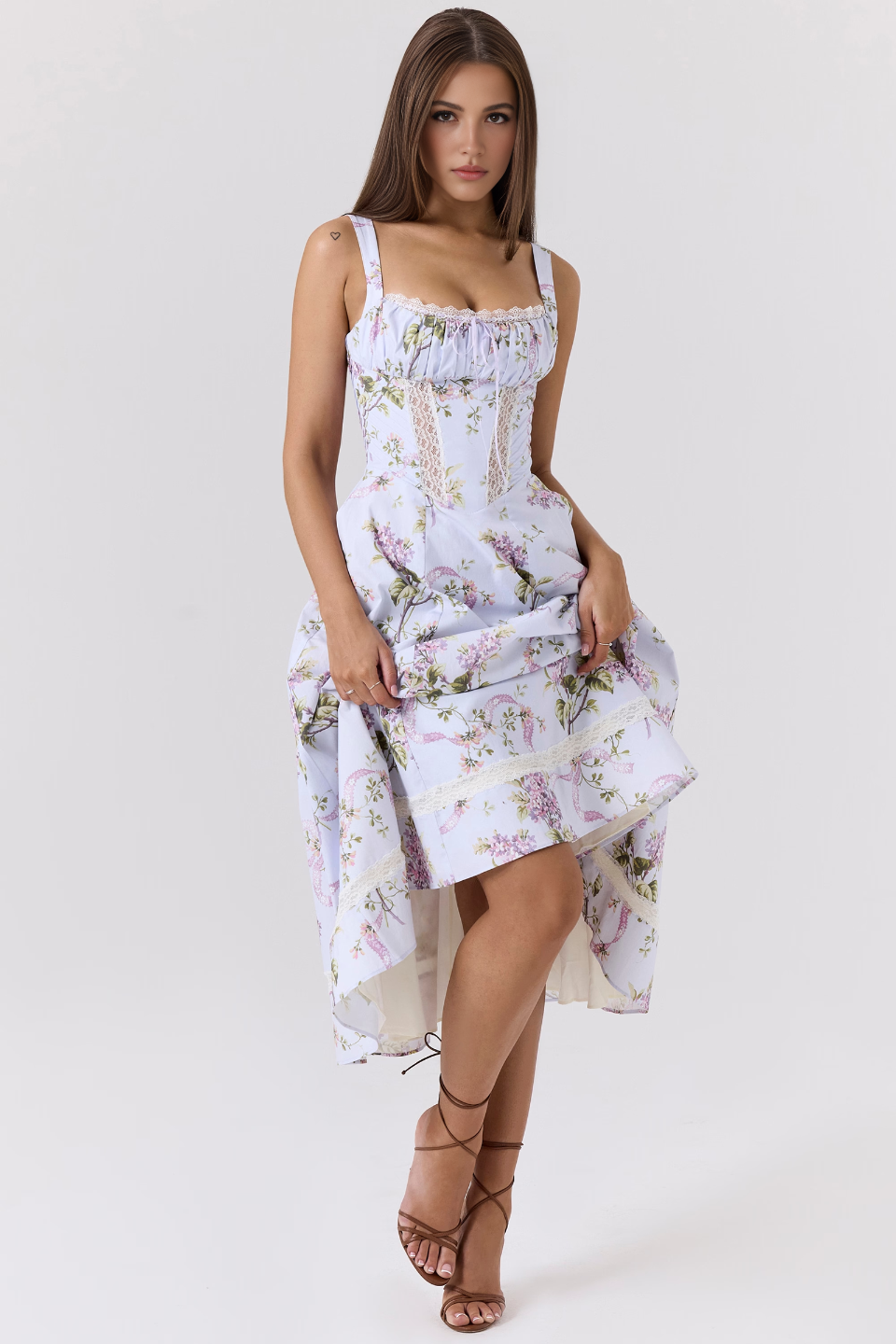Purple Lace Patchwork Pockets Midi Dress