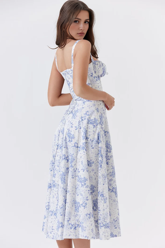 Blue Floral A-Line Midi Dress