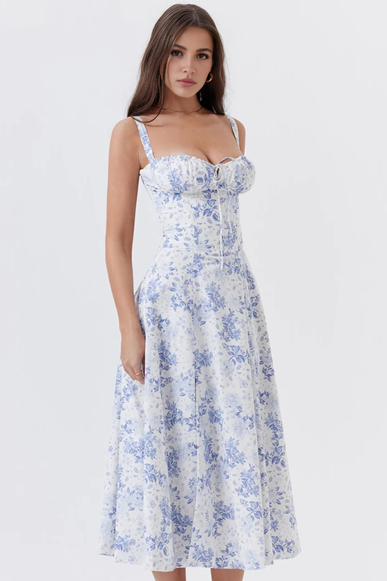 Blue Floral A-Line Midi Dress