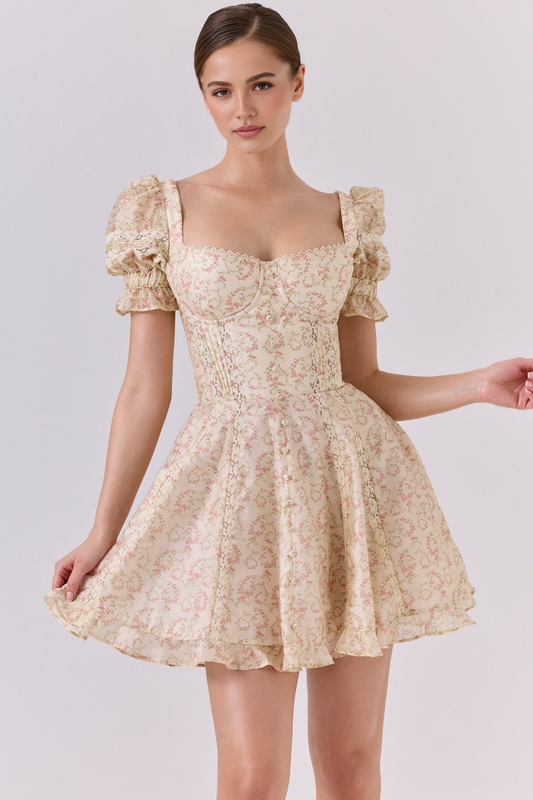 Cream Floral Fit & Flare Mini Dress