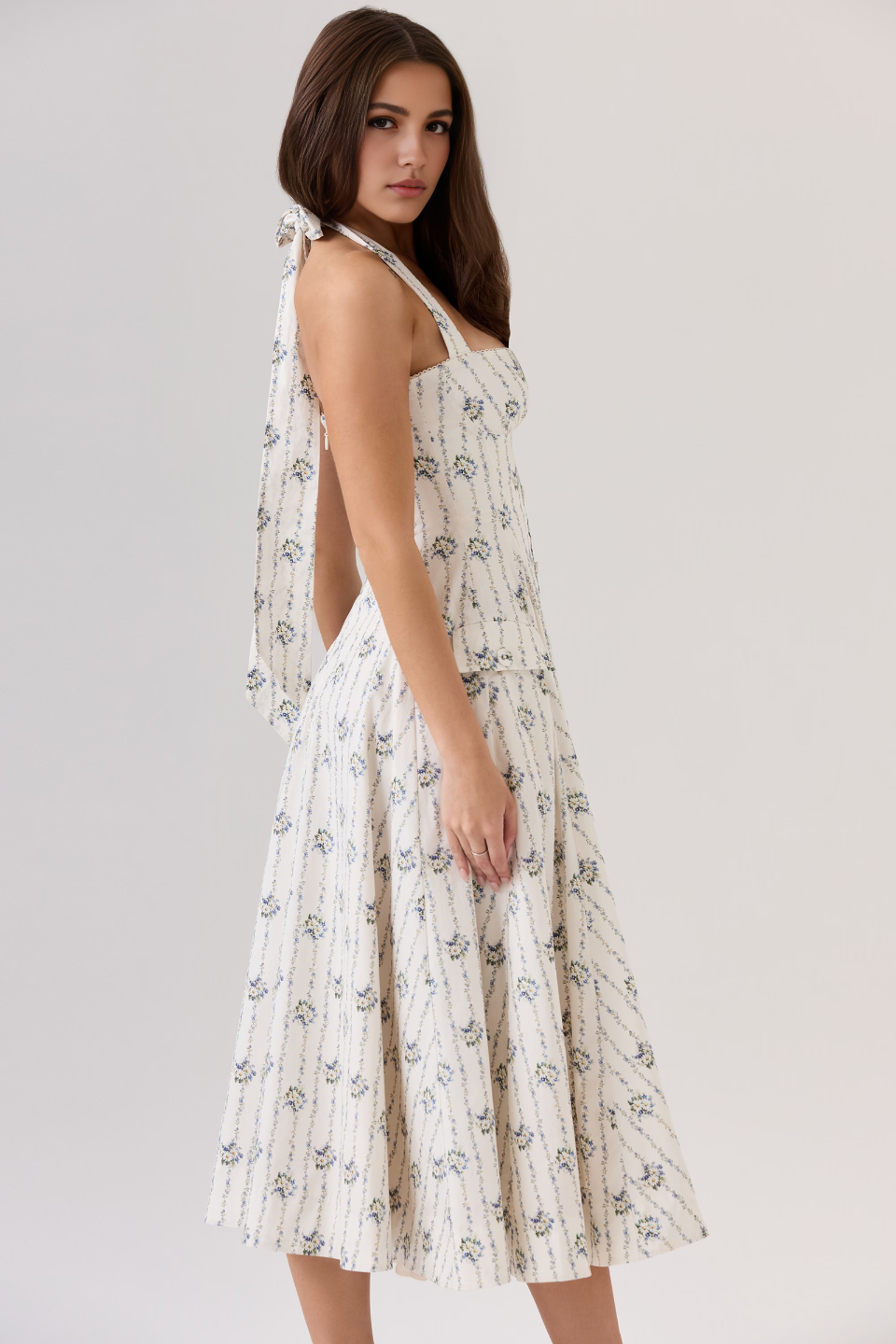 Cream Floral Backless Midi Dress