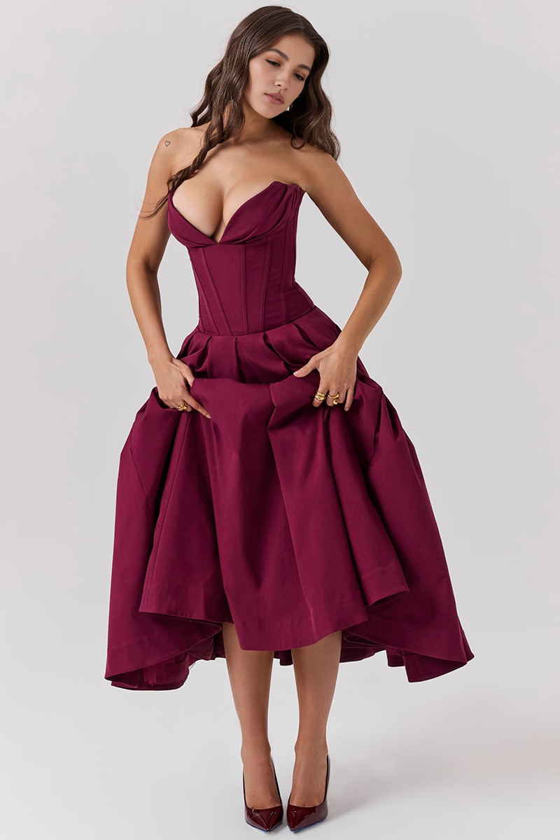 Wine Strapless Midi Dress