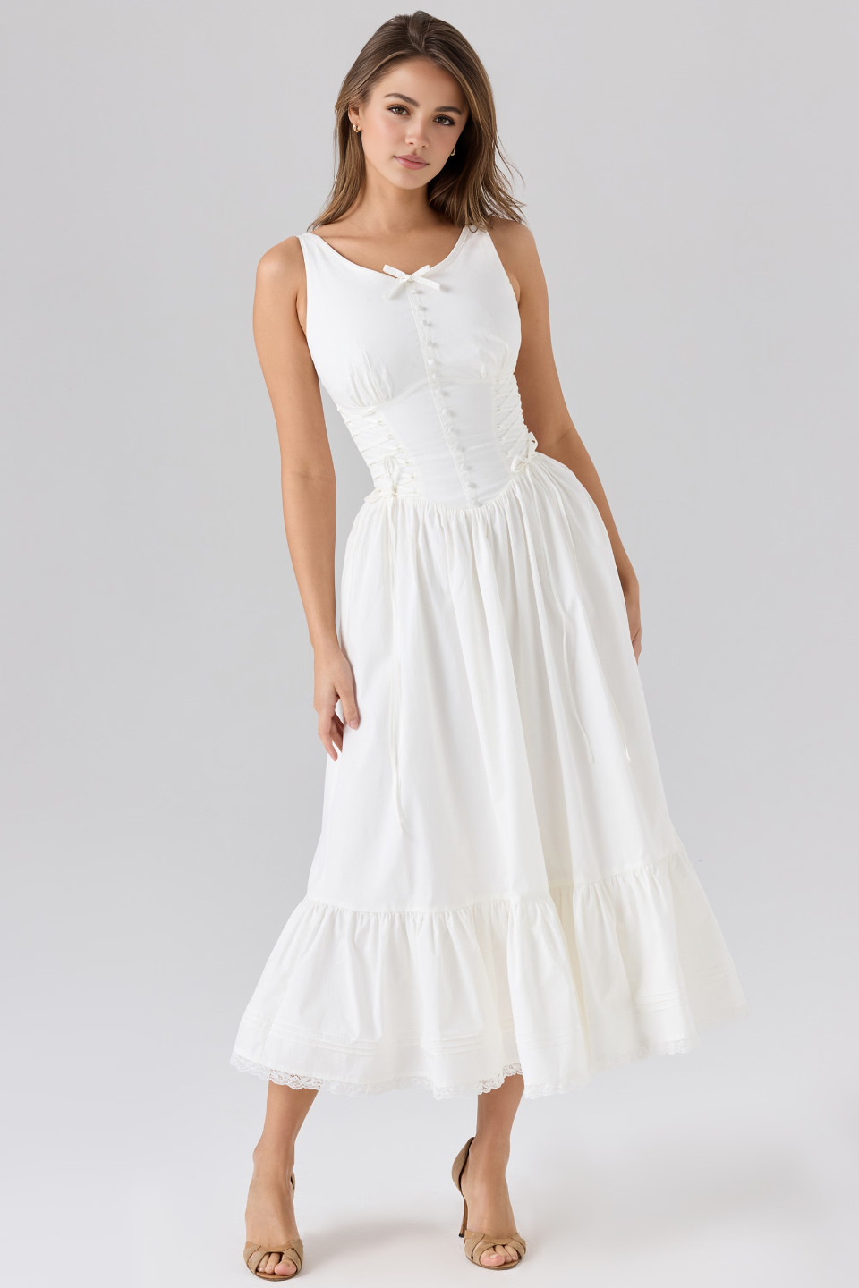 White A-Line High Waist Midi Dress